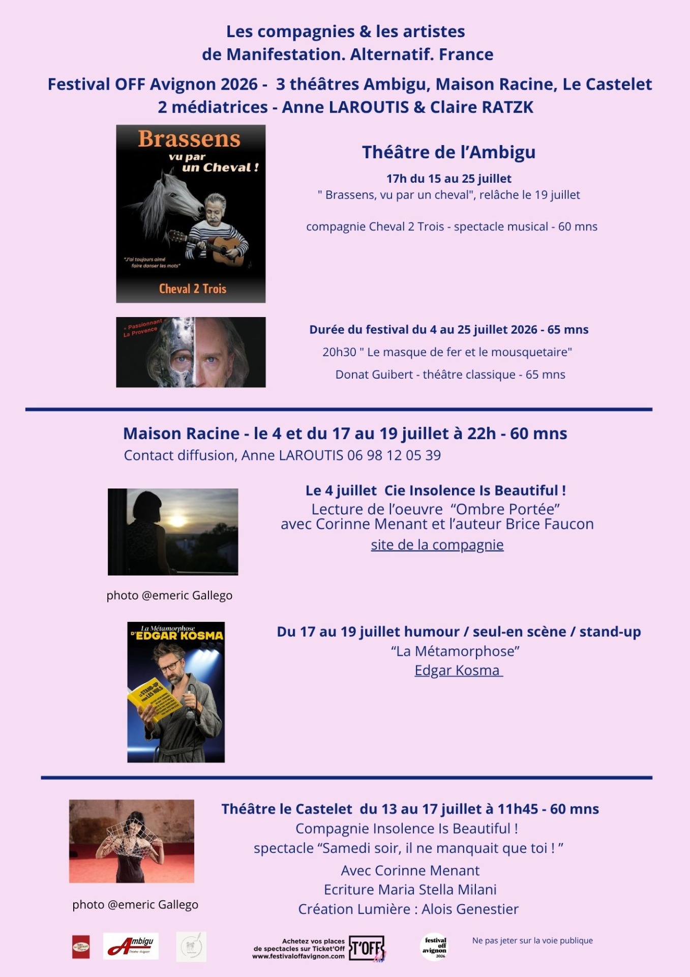verso de notre tract d'été festival OFF Avignon distribué à 2000 exemplaires