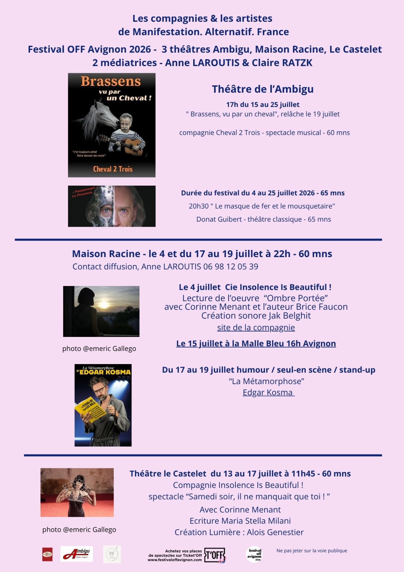 verso de notre tract d'été festival OFF Avignon distribué à 2000 exemplaires