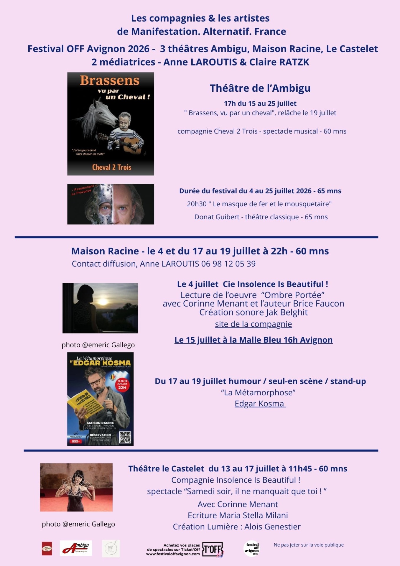 verso de notre tract d'été festival OFF Avignon distribué à 2000 exemplaires