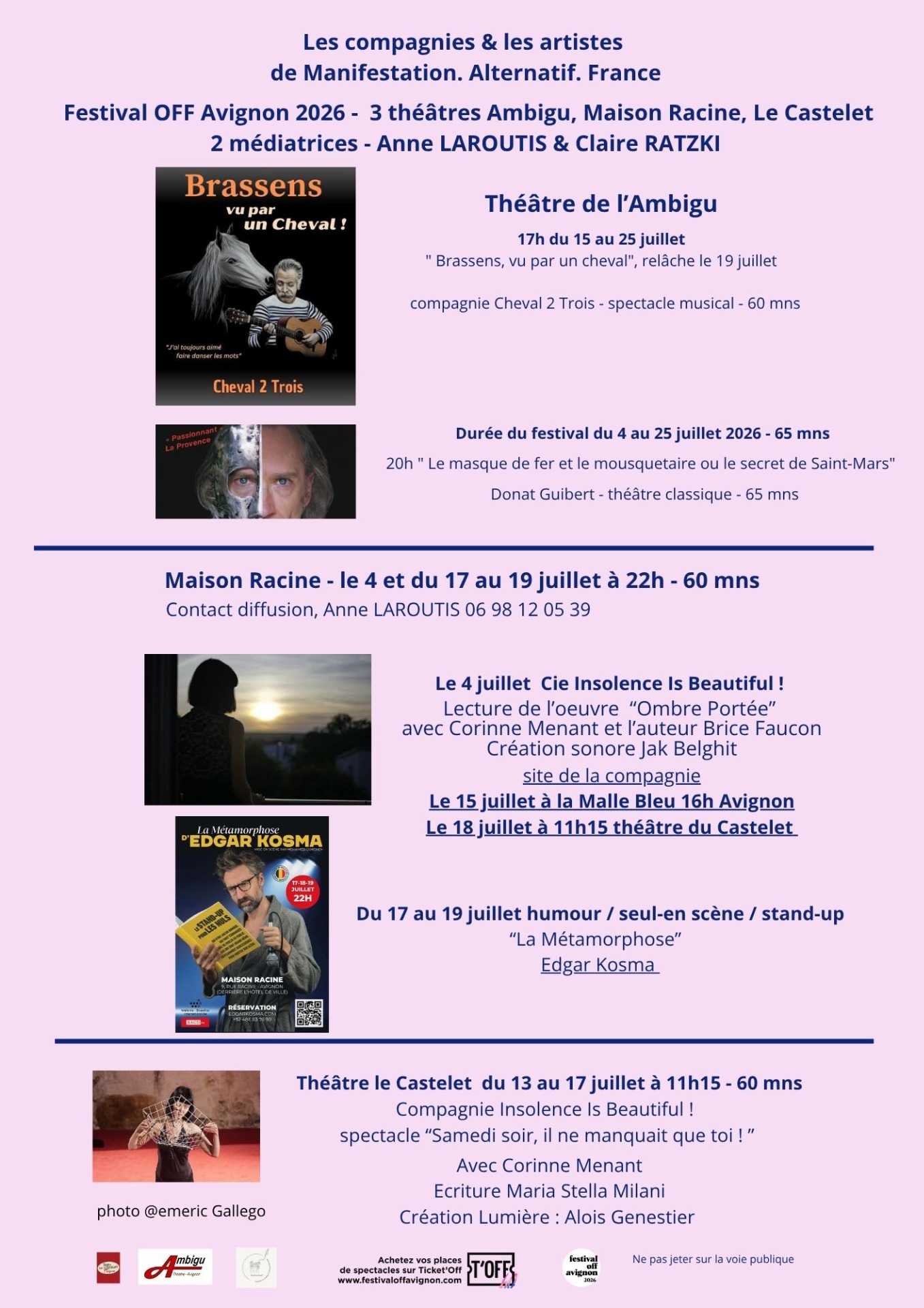 Programmation dans 4 théâtres de la ville : Maison Racine, l'Ambigu Théâtre, théâtre le Castelet, La Malle Bleu.